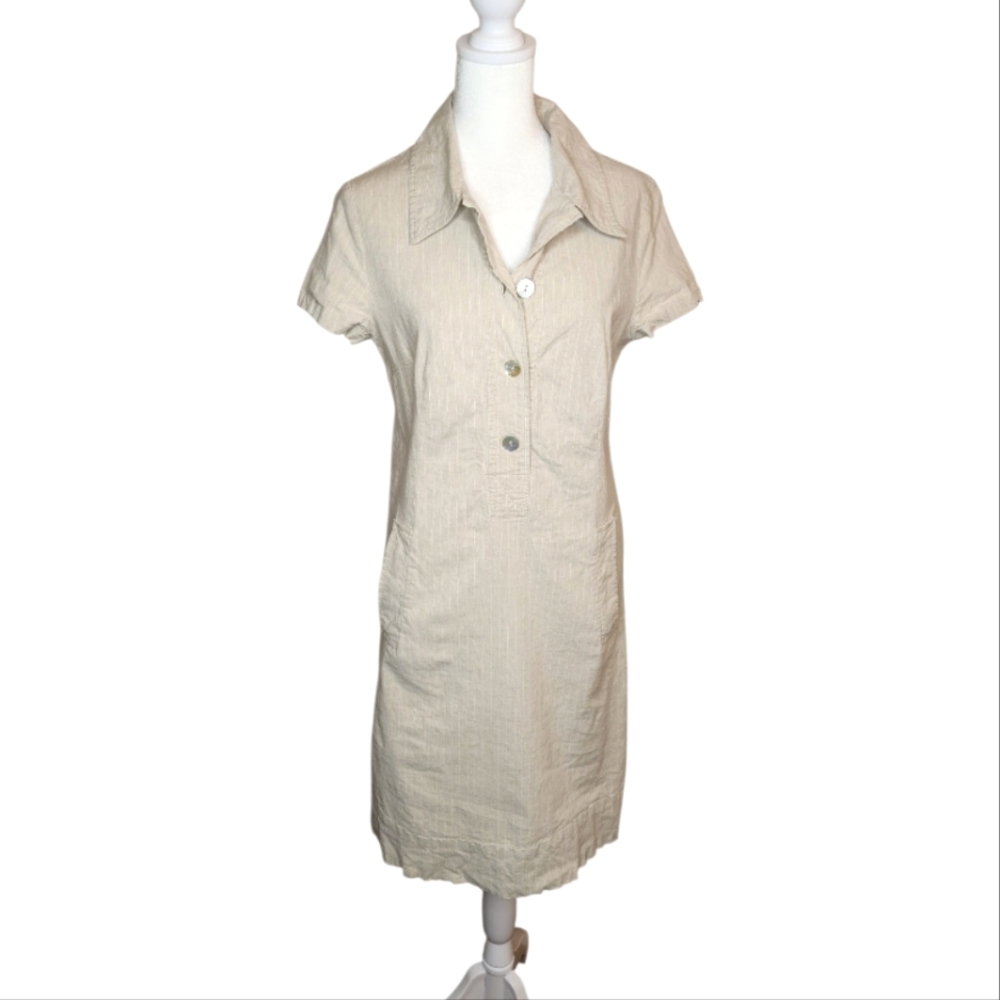 Sara Campbell Beige Pinstriped Popover Shirt Dress Size 10